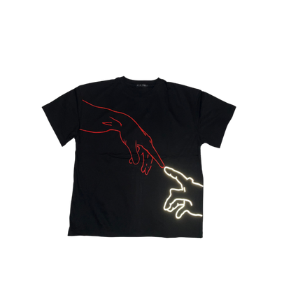 Black T-shirt featuring a design inspired by Michelangelo's 'Creation of Adam' with hands reaching out to touch