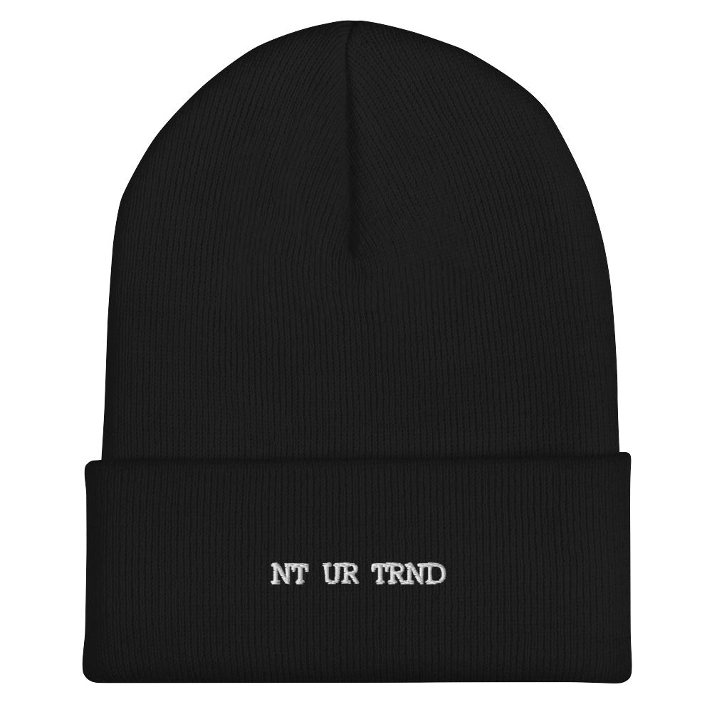 Black ribbed beanie hat for winter style with embroidered brand logo in the centre. white text on black hat 