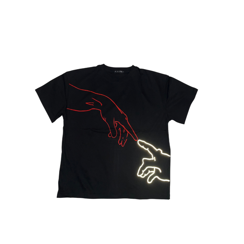 Black T-shirt featuring a design inspired by Michelangelo's 'Creation of Adam' with hands reaching out to touch